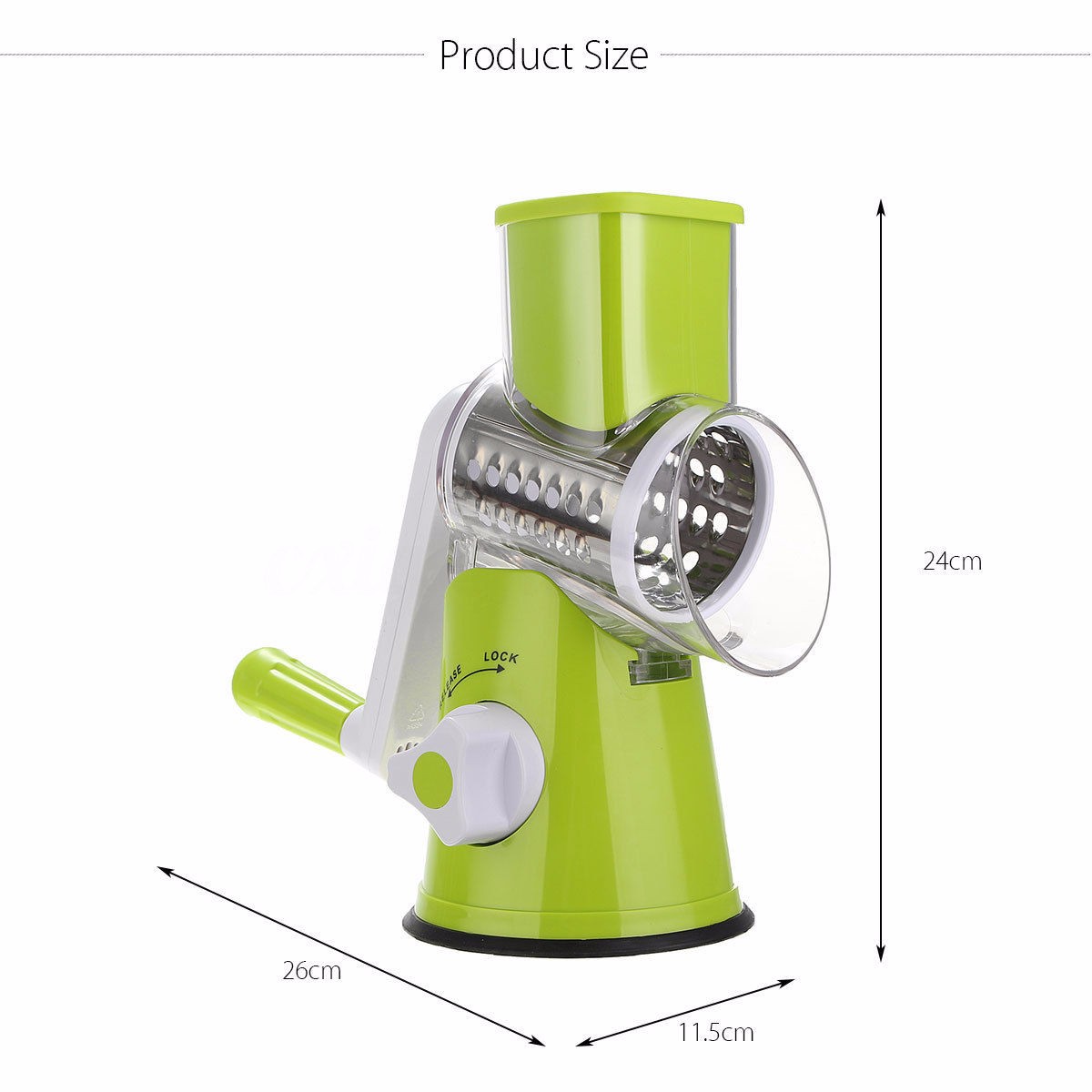 Green manual rotary cheese grater with measurements on a white background