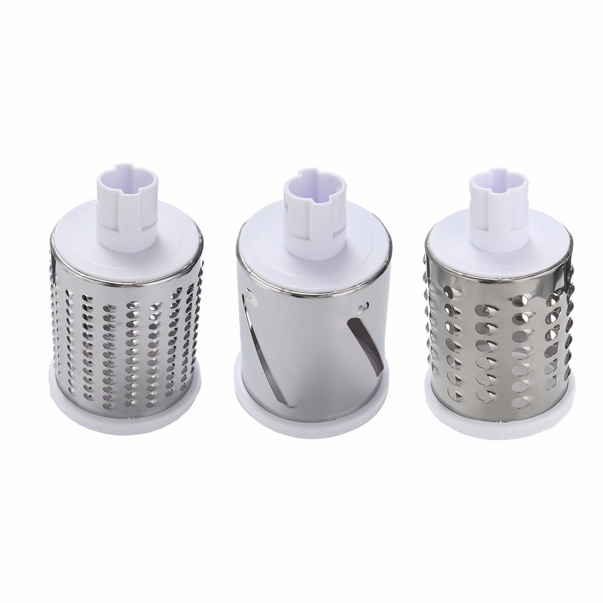 Three metal kitchen utensils with perforated designs on a white background