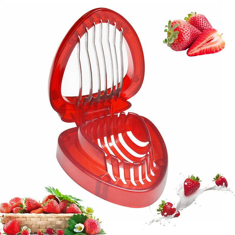 Red strawberry slicer with sliced strawberries on a white background