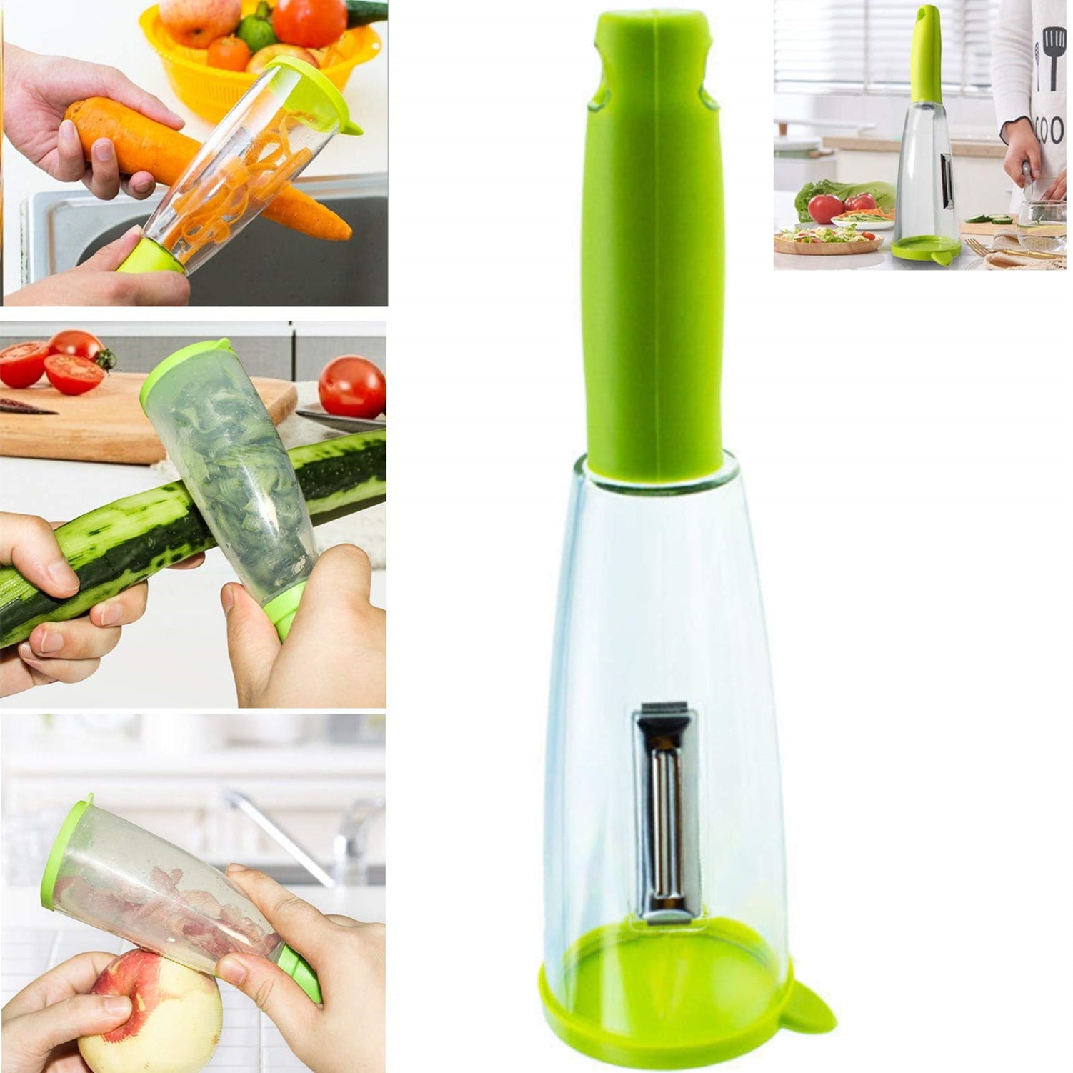 Green vegetable peeler with multiple uses shown in a collage.