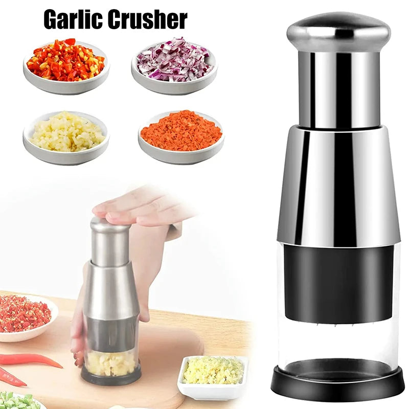 Garlic crusher with garlic, onion, and pepper samples on a white background